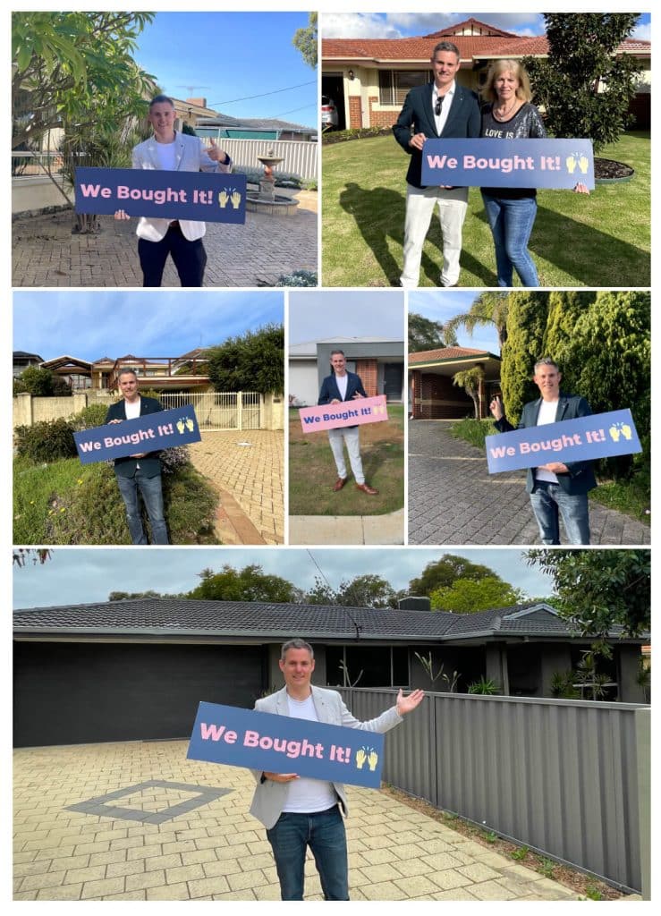 Happy client holding a 'We Bought It!' sign in front of a new Perth home, celebrating a successful property purchase.